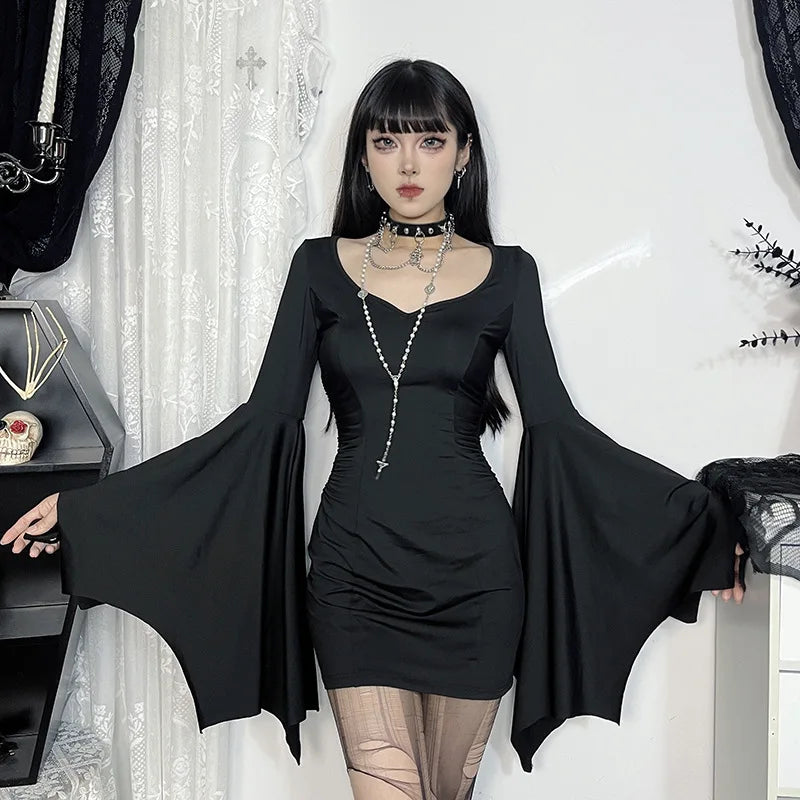 Gothic Batwing Mini Dress – Slim Fit