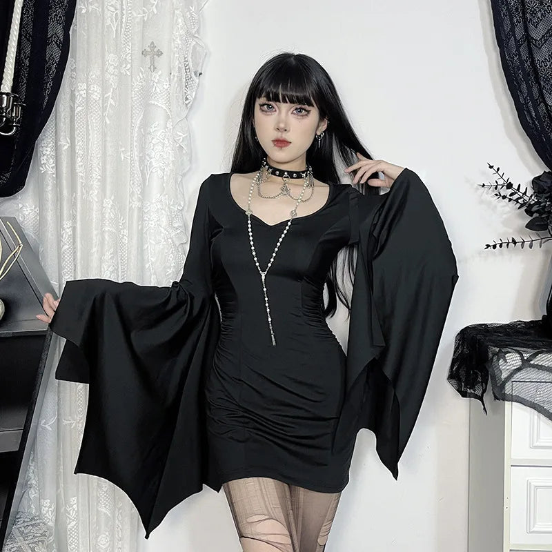 Gothic Batwing Mini Dress – Slim Fit