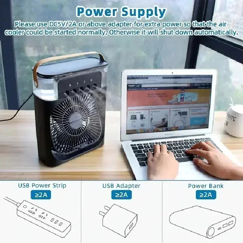 Mini Air Cooler 3-in-1 with LED Light & Humidifier