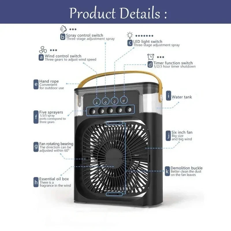 Mini Air Cooler 3-in-1 with LED Light & Humidifier